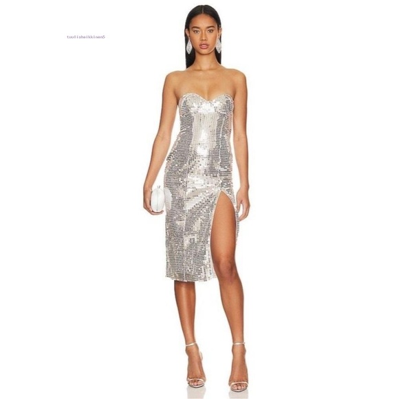 MAJORELLE Jovanna Embellished Midi Dress in Silver Large - Picture 2 of 4
